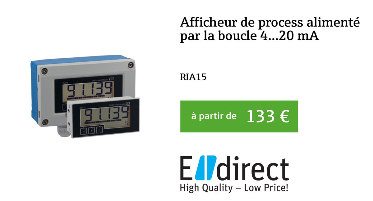 Endress_FR's tweet photo. Un produit de la sélection #Edirect : Afficheur RIA15, indicateur de process auto-alimenté, à partir de 133 €. Pour l'affichage du signal 4...20 mA ou des valeurs HART® sur le terrain ou en façade d'armoire. LCD 5 digits + bargraph échelle réglable #pauto https://t.co/5OmA9hK54t https://t.co/nJgvjBIQRS