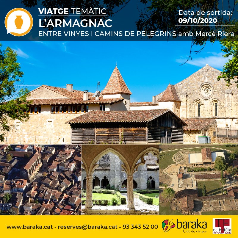 BarakaClub's tweet photo. L’Armagnac, entre vinyes i camins de pelegrins, amb Mercè Riera.
Durada: 5 dies
Sortida: 09/10/2020
Reserva al 93 343 52 00 o a reserves@baraka.cat
#cultura #somdeconnec #viatges
https://t.co/yayHdDYFYr https://t.co/JO3XYVwWnd