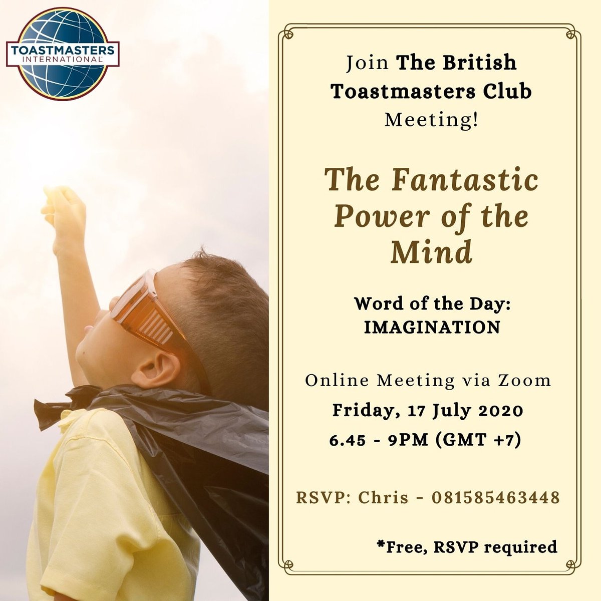 Join us at The British Toastmasters Club to learn how Toastmasters can help improve your public speaking and build leadership skills.

#toastmasters #toastmastersinternational #britishtoastmastersclub #publicspeaking #leadership #whereleadersaremade #jakartatoastmasters