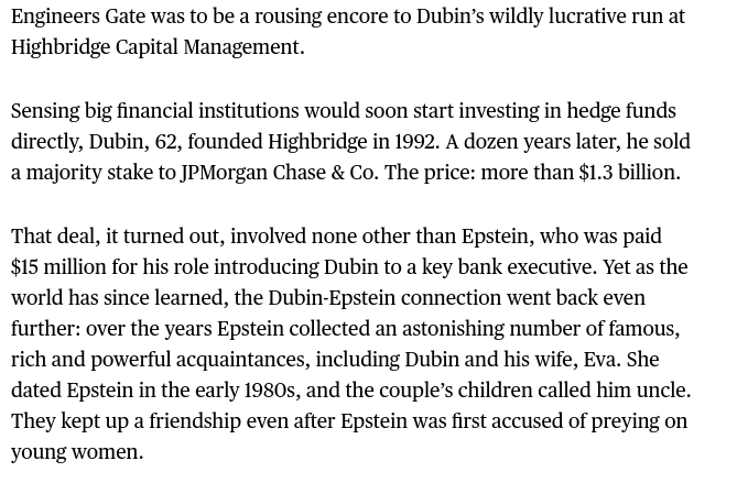 Glenn Dubin, the founder of Engineer's Gate, was a friend of Jeffrey Epstein, and his wife Eva was one of Epstein's ex-girlfriends. They remained friends even after Epstein's conviction. They also made a lot of money with each other.