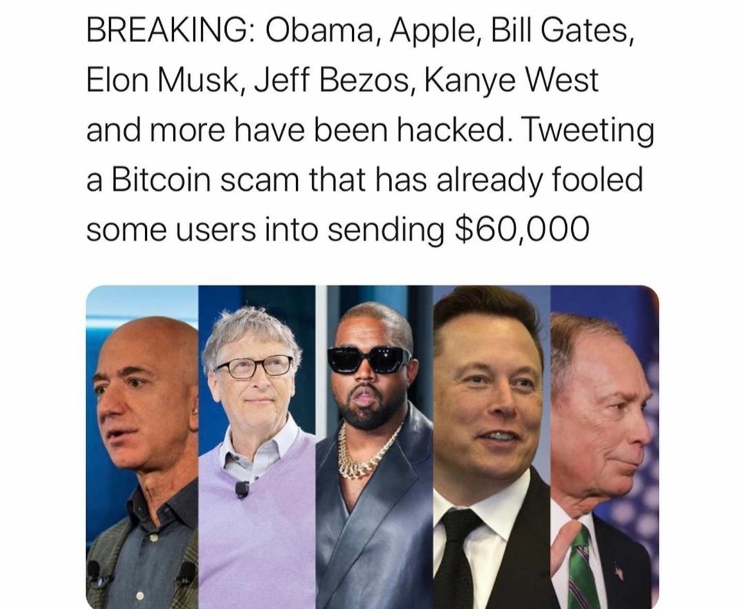 A major Twitter hack is taking place. Should have know when Jeff bezos says he is giving back to community. #twitterhacked #Obama #Apple #BillGates #ElonMusk #ElonHacked #elonmuskhacked #JeffBezos #KanyeWest #Bitcoin #twitterhack #twitterhacked #Twitter