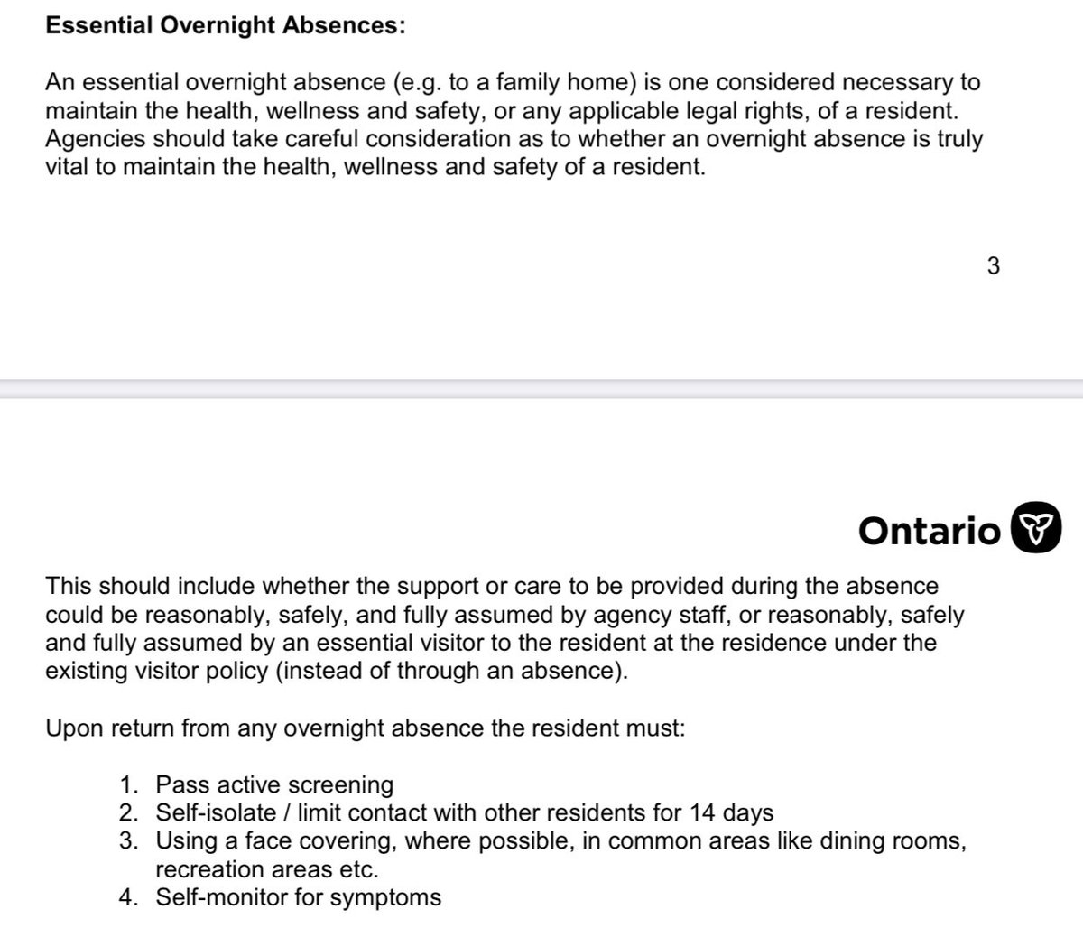 Ex: here is a new entry to the doc, re: “essential overnight absence” to a family home. Is my son eligible for essential overnight absence with his non-essential parents? If so, is it limited to one night, or can it be several at a time? Who decides if the absence is essential?