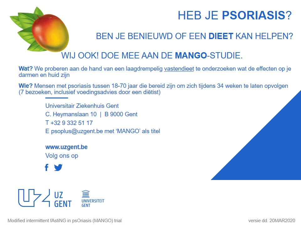 Ben je benieuwd of een vastendieet kan helpen met jouw #psoriasis? Wij ook! Je kan deelnemen aan de #mangostudy om de effecten van #intermittentfasting te onderzoeken. #ugent #uzgent
