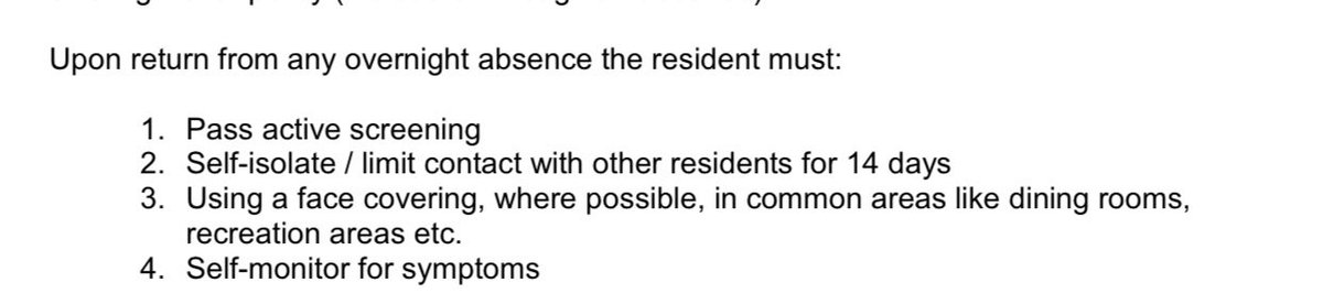 The self-isolation requirement appears less stringent than before. Previous guidance stated that the resident should be in a single room with a door. Curious about the science/public health basis for this change, and how it will be implemented.