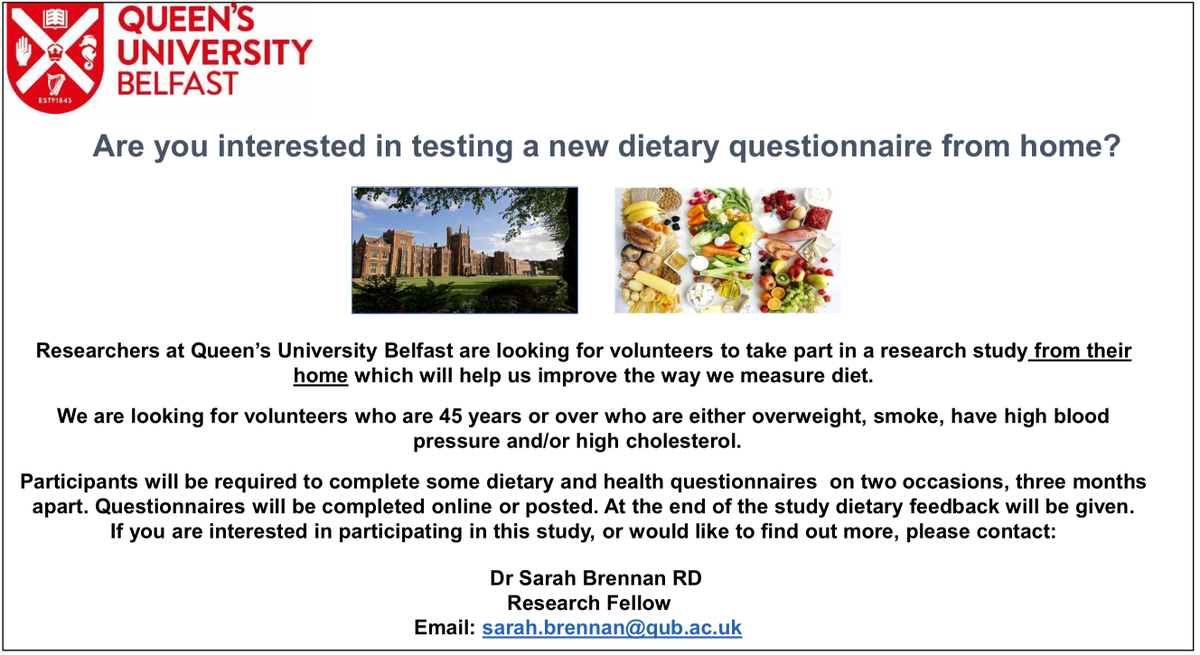 Volunteers needed, if you're 45 years+ and meet the criteria in pic below we would really love your help with our study. You will be able to take part in this research from home with no-face-to-face contact involved in light of the current COVID-19 related restrictions <a href="/CPH_QUB/">QUB Public Health</a>