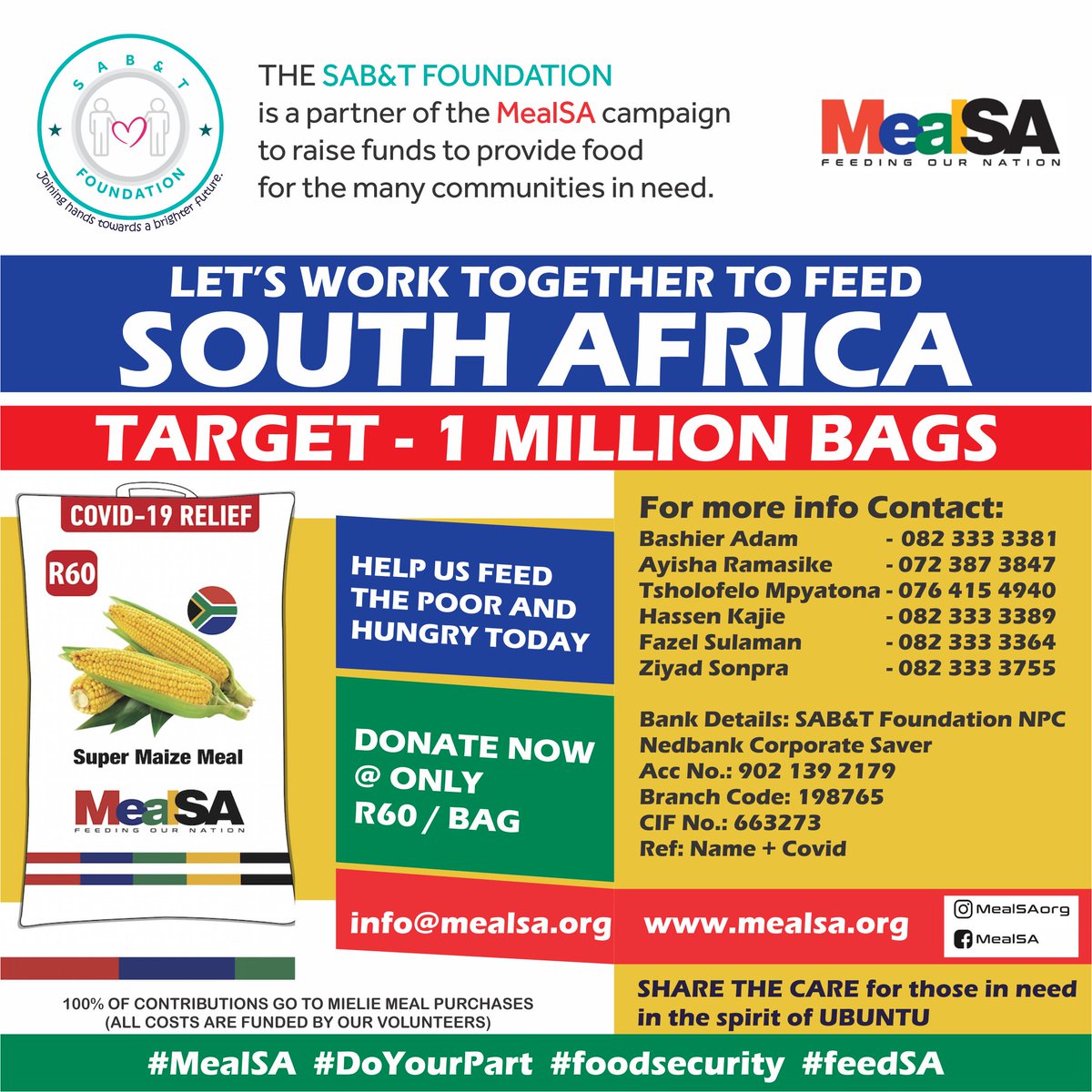NexiaSABandT's tweet photo. he SAB&amp;T Foundation is collaborating with https://t.co/9kNXKN73xy to help those in need. Visit our website https://t.co/ONgcnFUtZT and show your support.
#CloserToYou #FromTheGroundUp #Nexia #wfh #NexiaSABT #coronavid19 #Accountants #Auditors #Consultants #mealsa #doyourpart https://t.co/vRIjY5Duc3
