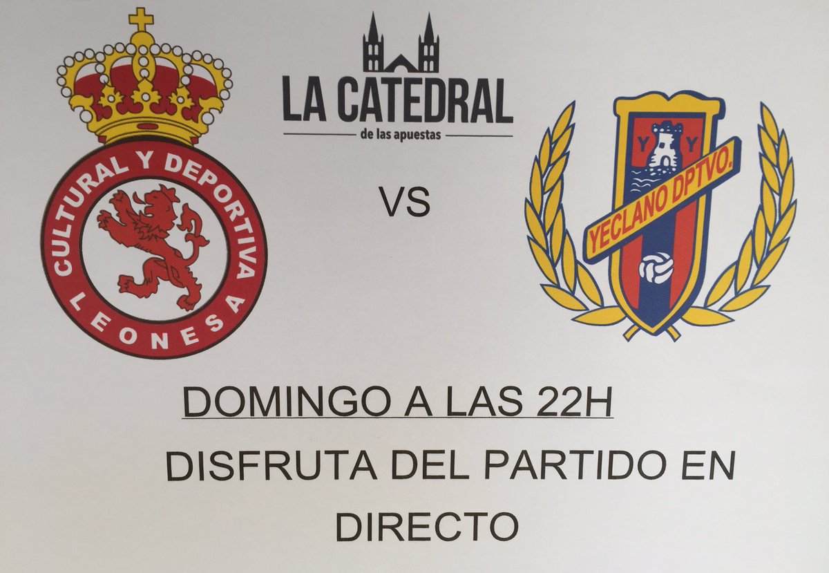 Este domingo Televisamos el primer partido de la <a href="/CyDLeonesa/">Cultural y Deportiva Leonesa</a> en los playoffs!!
Te esperamos en  <a href="/CatedralApuesta/">La Catedral Apuestas</a>