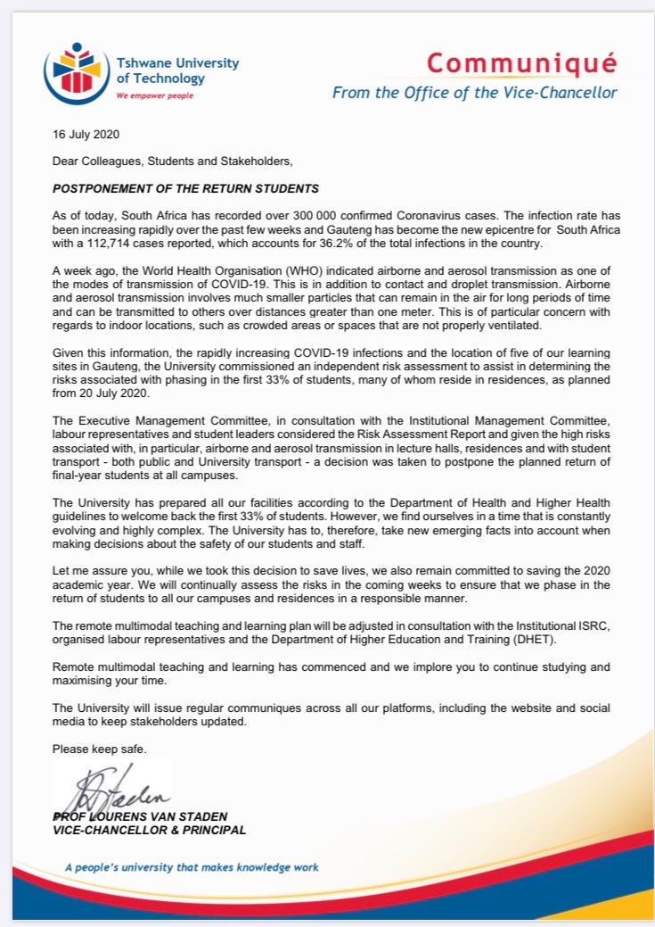 Official_TUT's tweet photo. Hey TUT Fam! Please see attached an urgent communique from the office of the VC and Principal! https://t.co/3f20tu47v8
