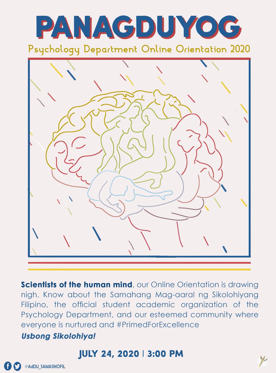 addusamasiko's tweet photo. 8 DAYS TO GO until the Panagduyog 2020-2021! Check your schedule and mark your calendars because the SAMASIKOFIL Online Orientation is coming! Get to know your course and the official student academic organization of the Psychology Department on July 24, 3PM. Usbong Sikolohiya! https://t.co/HbVklZnv3y