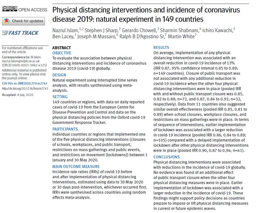 We treated the  #COVID19 epidemic as a natural experiment in 149 countries with data, conducting interrupted time series and meta-analysis of the impact of 5 physical distancing policy measures on Incidence rate ratios (IRRs) 2/11