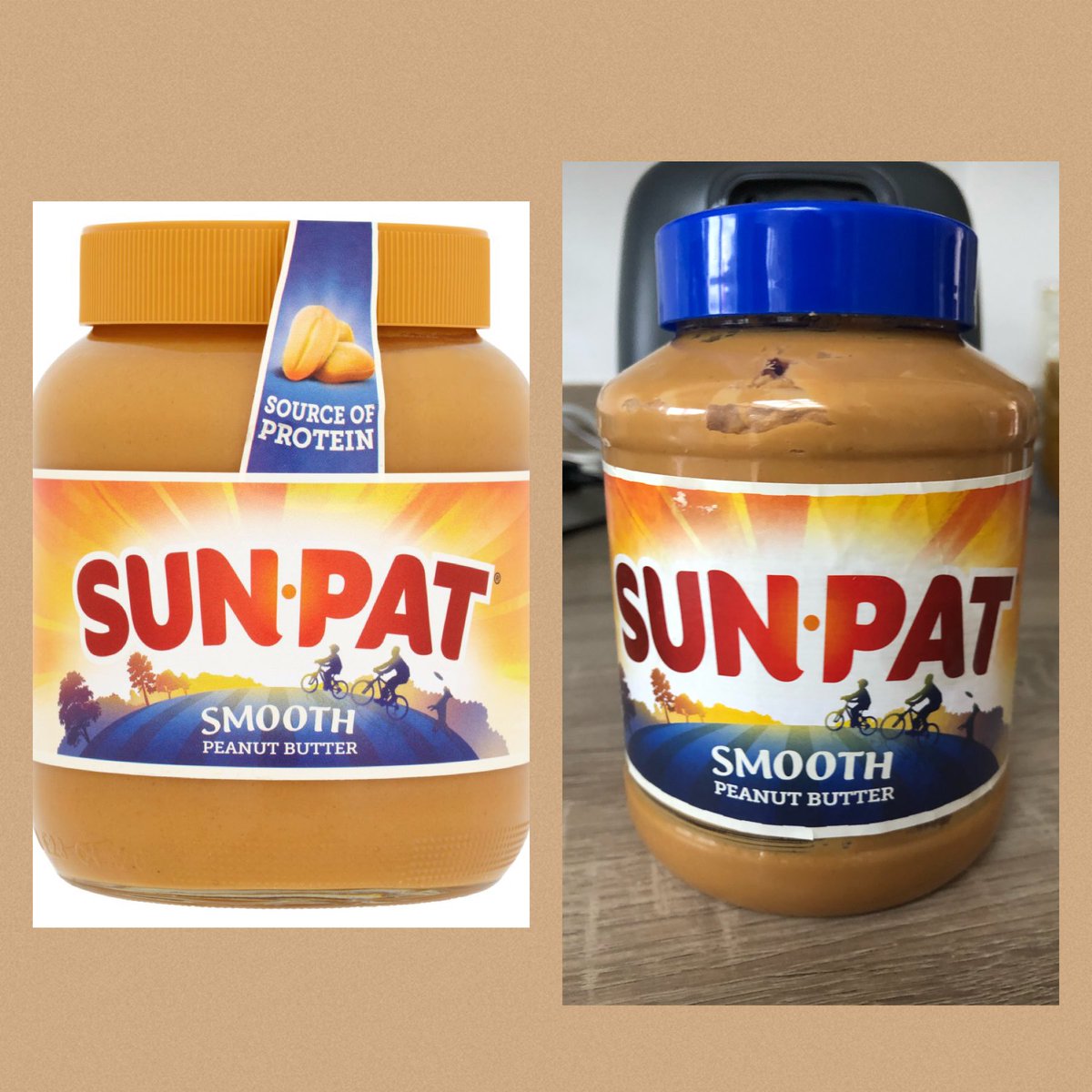 suzlocke's tweet photo. @SunPatOfficial why oh why did you change from those beautiful big, environmentally-friendly 700g glass bottles, which were easy to scrape out, to these awful plastic 600g ones with such a narrow neck that you waste a load of PB?! #plasticnotfantastic #savetheplanet #foodwaste https://t.co/iXnw6PYjHH