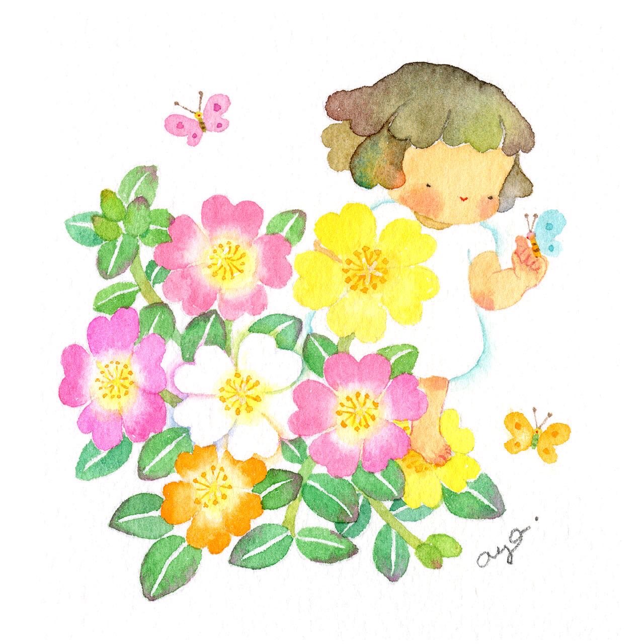 こばやしあや 今日の誕生花 7月16日 ポーチュラカ Green Purslane ポーチュラカ全般の 花言葉 いつも元気 カラフルなお花でうちのお庭にもおばあちゃんが植えてました 絵 水彩画 イラスト Illustration Watercolor 花言葉
