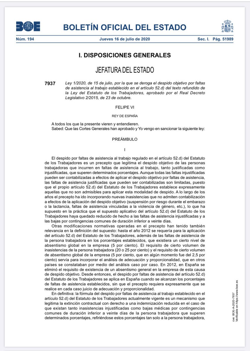 🔵 BOE 16.7.20: Ley 1/2020, de 15 de julio,se deroga el despido objetivo por faltas de asistencia al trabajo establecido en el artículo 52.d) del Estatuto de los Trabajadores,aprobado por el Real Decreto Legislativo 2/2015,de 23 de octubre

⬇️

boe.es/boe/dias/2020/…

<a href="/AQHT_TVE/">Aquí hay trabajo</a>