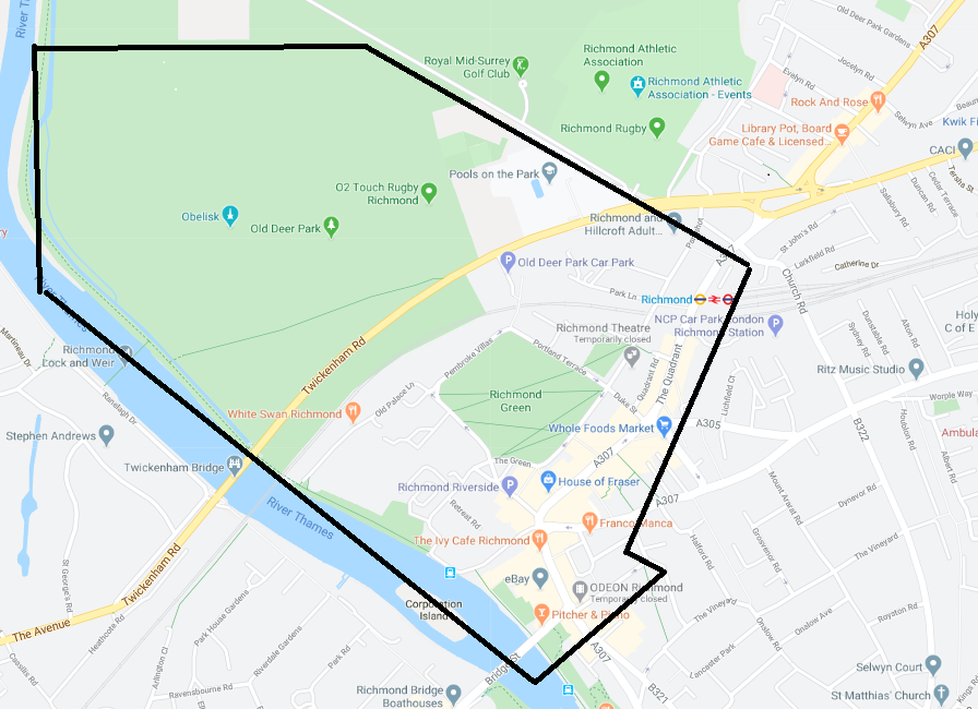 MPSRichmond's tweet photo. On 15/07/2020 at 1940hrs a s35 Anti-Social Behaviour Crime and Policing Act 2014 Dispersal Order was authorised for Richmond Green, Old Deer Park and Richmond Town Centre. This will remain until 1940hrs on the 17th.

The map below shows the area the dispersal zone covers. https://t.co/PkkuaNRnEL