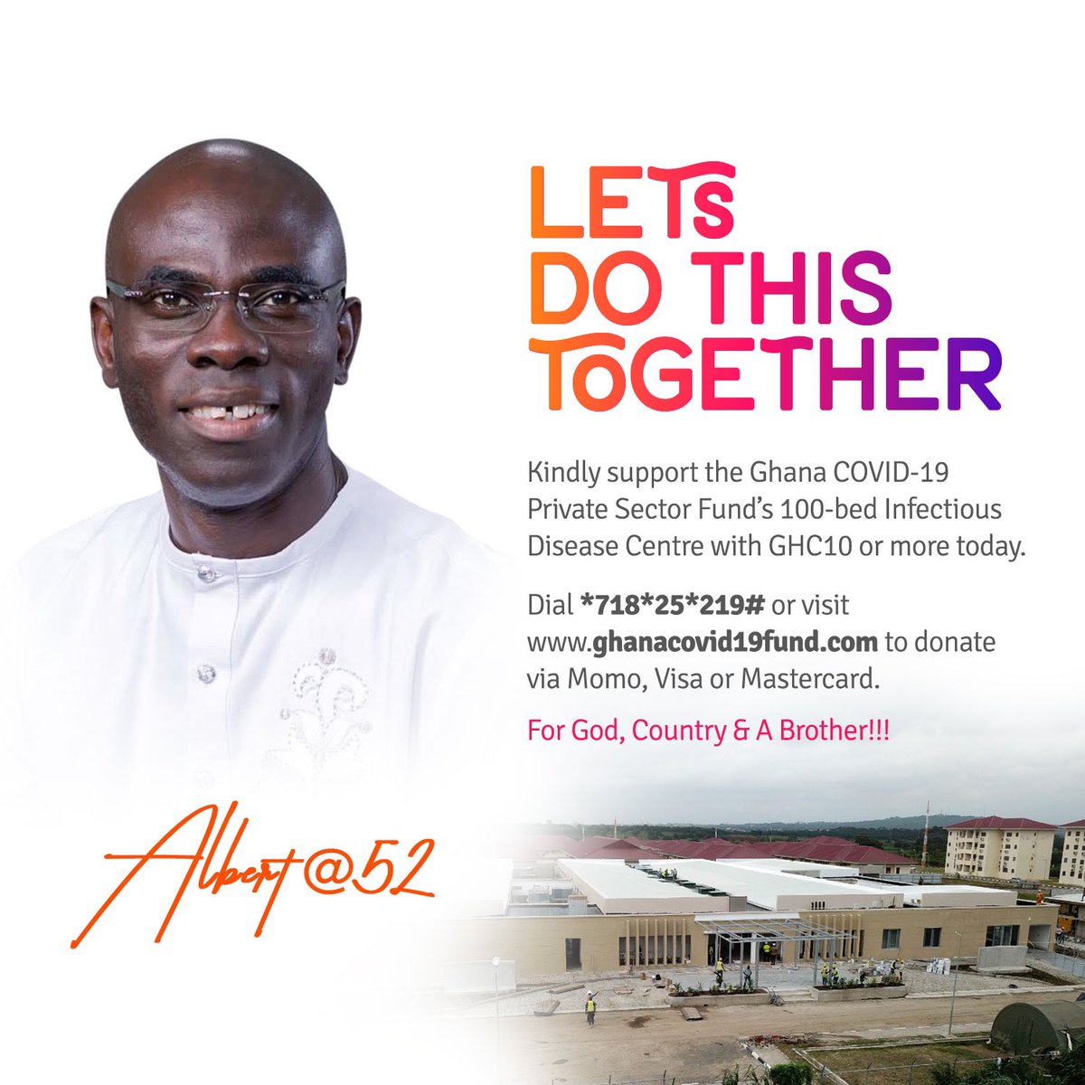 AlbertNEOcran's tweet photo. What shall I render to my God? Help me thank God for one more year and kindly donate GHc10 (or more) to the ‘Ghana COVID-19 Private Sector Fund’ for the new 100-bed infectious disease Centre. Dial *718*25*219# (mobile money)
#ForGodCountryAndBrother https://t.co/C6g9ZLy4JV