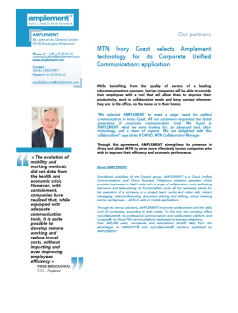 MTN Ivory Coast selects AMPLEMENT technology for its Corporate Unified Communications application