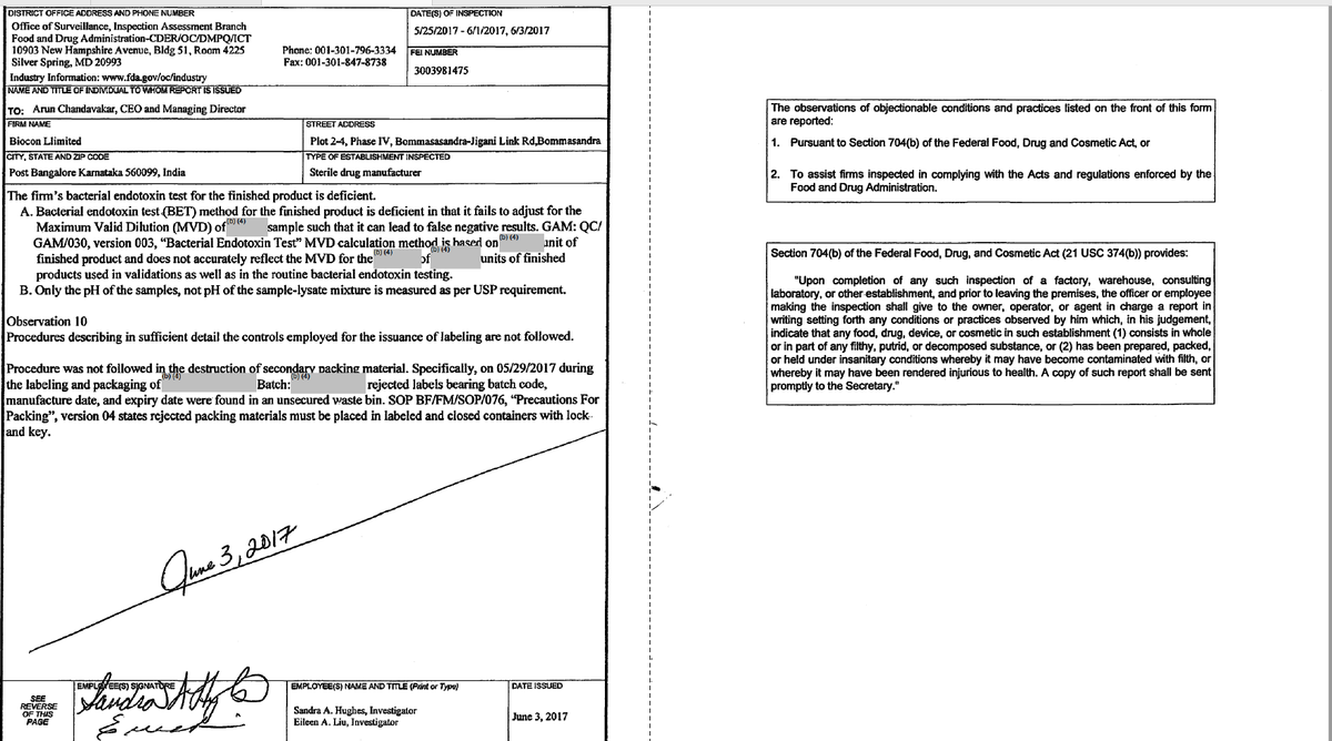 Inspection by  @US_FDA on 25/05/17-01/06/17, 03/06/17 in  @Bioconlimited Plot 2-4, Phase IV, Bommasandra-Jigani Link Road, Bangalore. Multiple violations found in Sterile Drug Manufacturer. 8 observations were made in Form FDA 483. What was DCGI doing?  https://twitter.com/das_seed/status/1261723367192887307