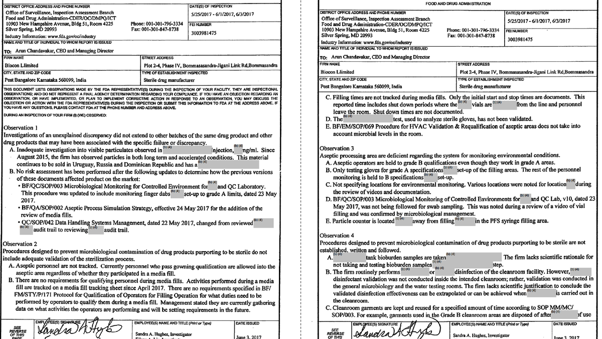 Inspection by  @US_FDA on 25/05/17-01/06/17, 03/06/17 in  @Bioconlimited Plot 2-4, Phase IV, Bommasandra-Jigani Link Road, Bangalore. Multiple violations found in Sterile Drug Manufacturer. 8 observations were made in Form FDA 483. What was DCGI doing?  https://twitter.com/das_seed/status/1261723367192887307