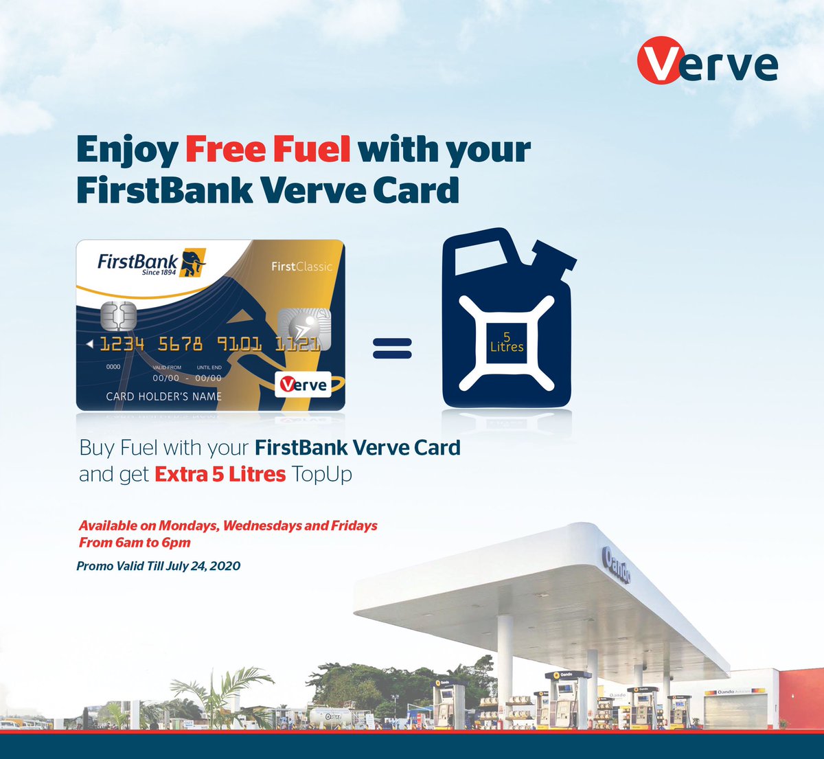 izimaling's tweet photo. Free Fuel from:
@FirstBankngr 
@VerveCard 
@Oando_PLC

Receive 5 Extra Litres of Fuel

Conditions:
1. a first bank verve card
2. fuel from Oando Stations
3. between July 6-24, 2020
4. a minimum of N3000 purchase

#thursdaymorning 
#freebies 
#banks 
#Deals https://t.co/nYJGpi78lF