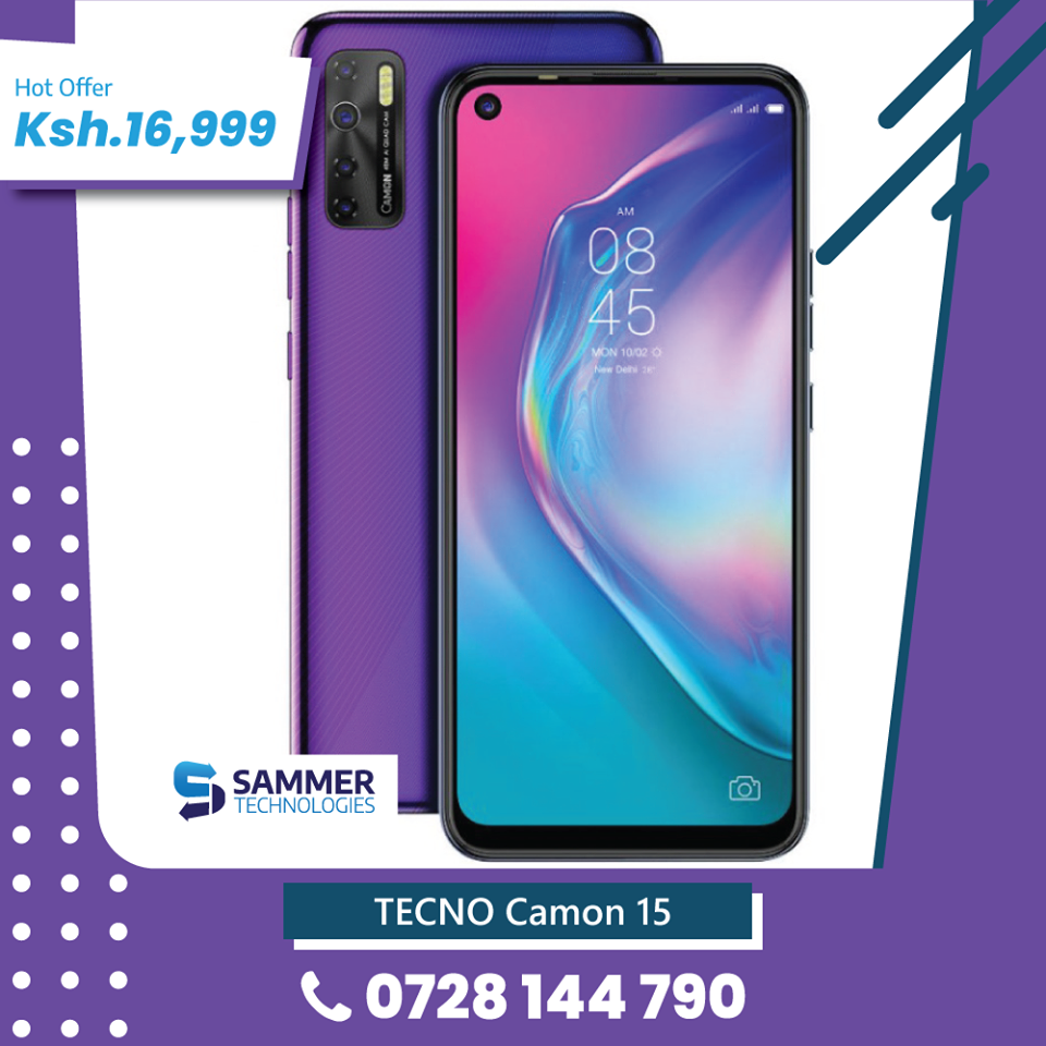 SammerKenya's tweet photo. This Tecno Camon 15 mobile phone is here to keep you hooked to its innovative features and stylish design.
🔥 Ksh.16,999 🔥
✅ 4 GB RAM | 64 GB ROM
✅ 16.64 cm (6.55 inch) HD+ Display
✅ 48MP +2MP +2MP +QVGA Rear Camera | 16MP 
✅ 5000 mAh Li-ion Polymer batt
📞 0728 144790 https://t.co/ZpLcH5zpNz