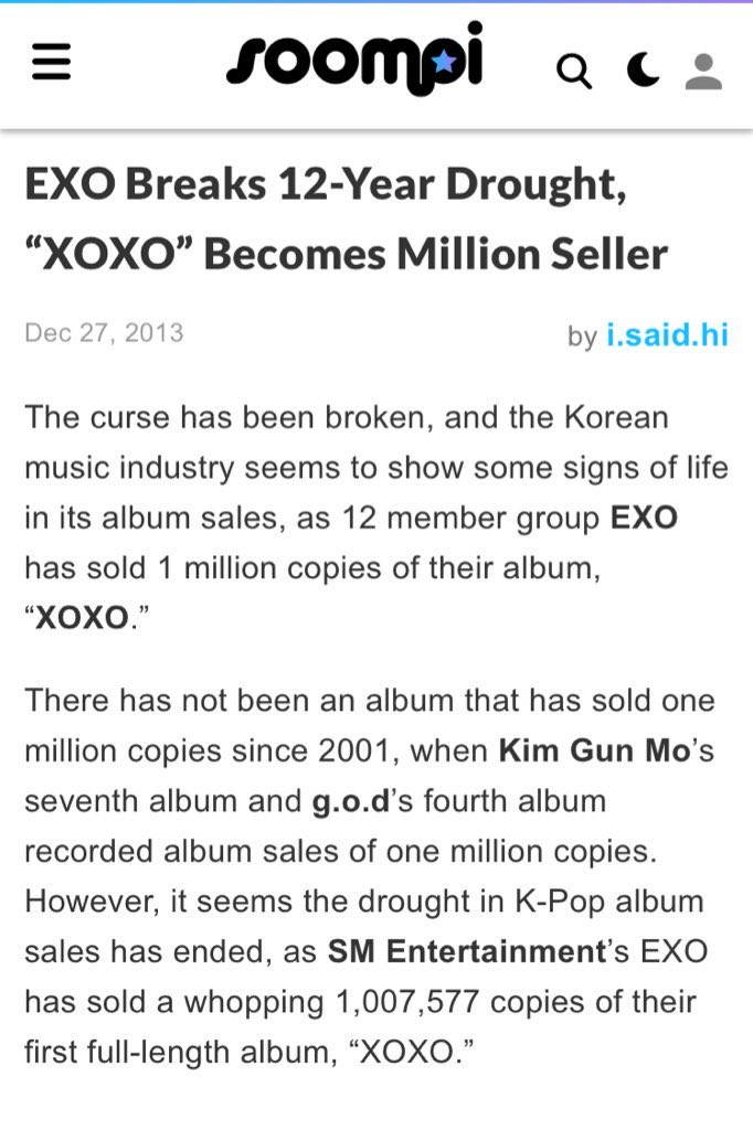 Reviving physical sales industry. EXO became the first artist in 12 years to sell 1 million album copies hence reviving the physical sales industry in 2013