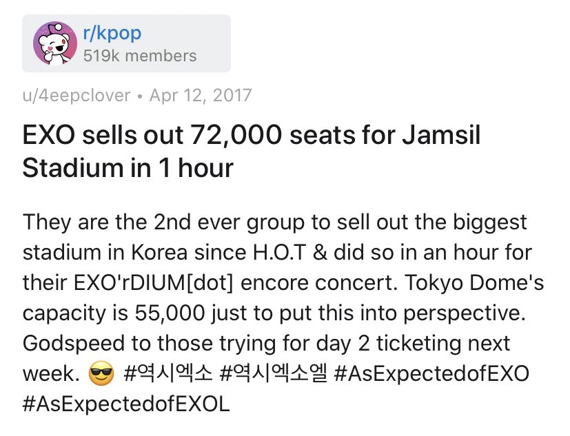 Speaking of which, EXO are the youngest group ever to sell out Jamsil Stadium. They are also the first group in 16 years to sell out this stadium in 2017 since H.O.T in 2001.