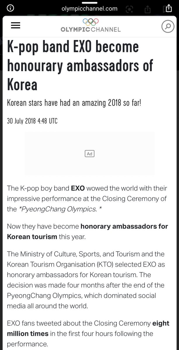EXO performed at the closing ceremony of PyeongChang Olympics in 2018 as the honourary ambassadors of Korea.