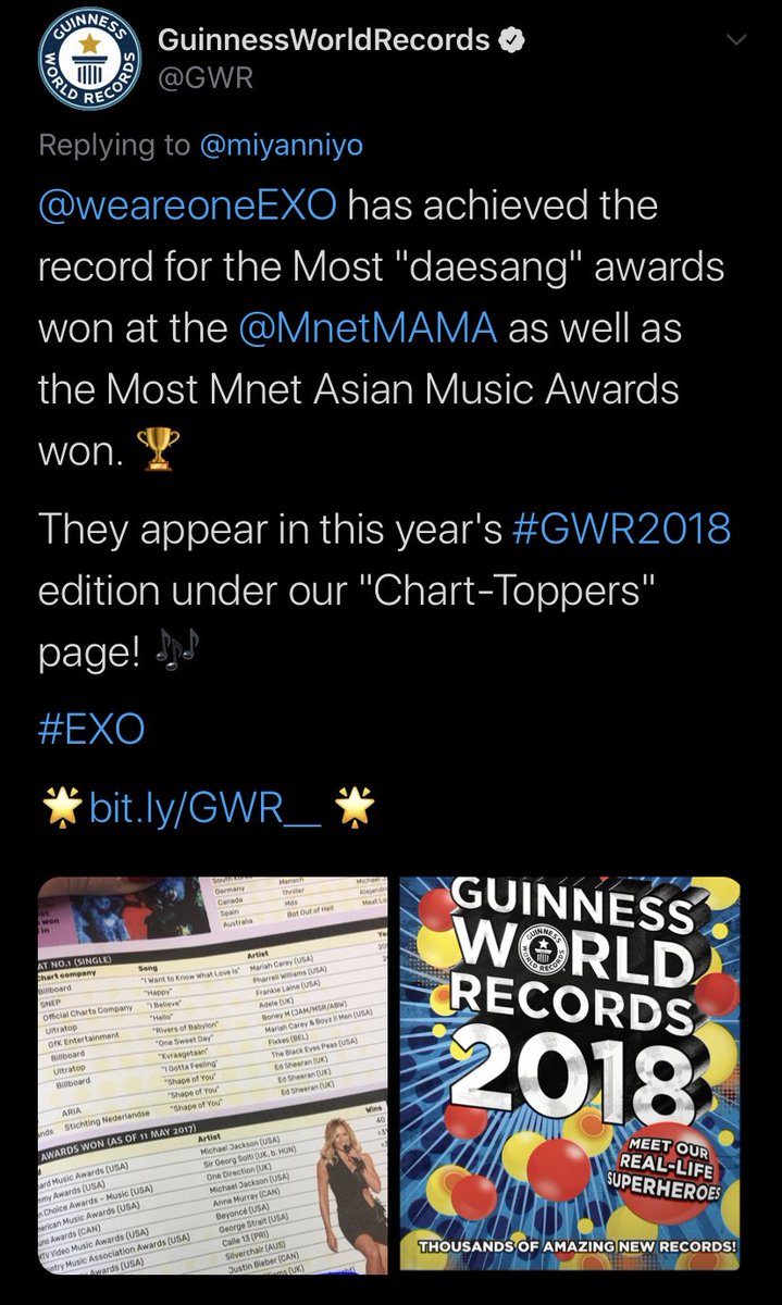 Also in Guinness World Records, EXO were listed as one of the artists with the most awards won of all time globally, not just in South Korea.