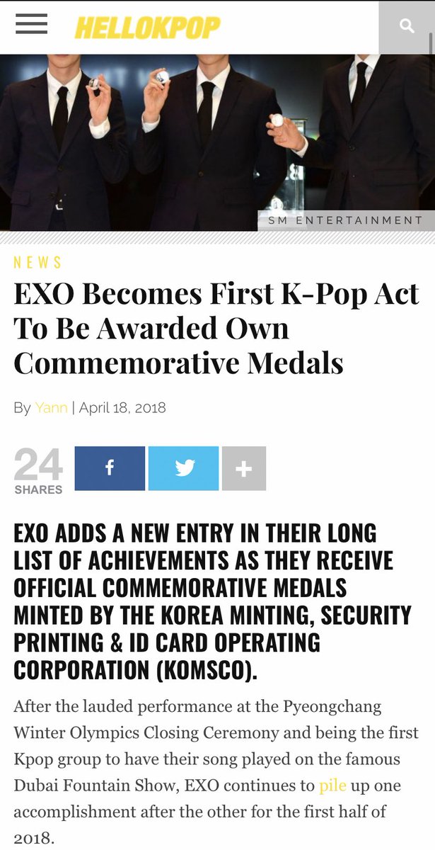 EXO became the first group to receive official commemorative medal as representatives of South Korea.