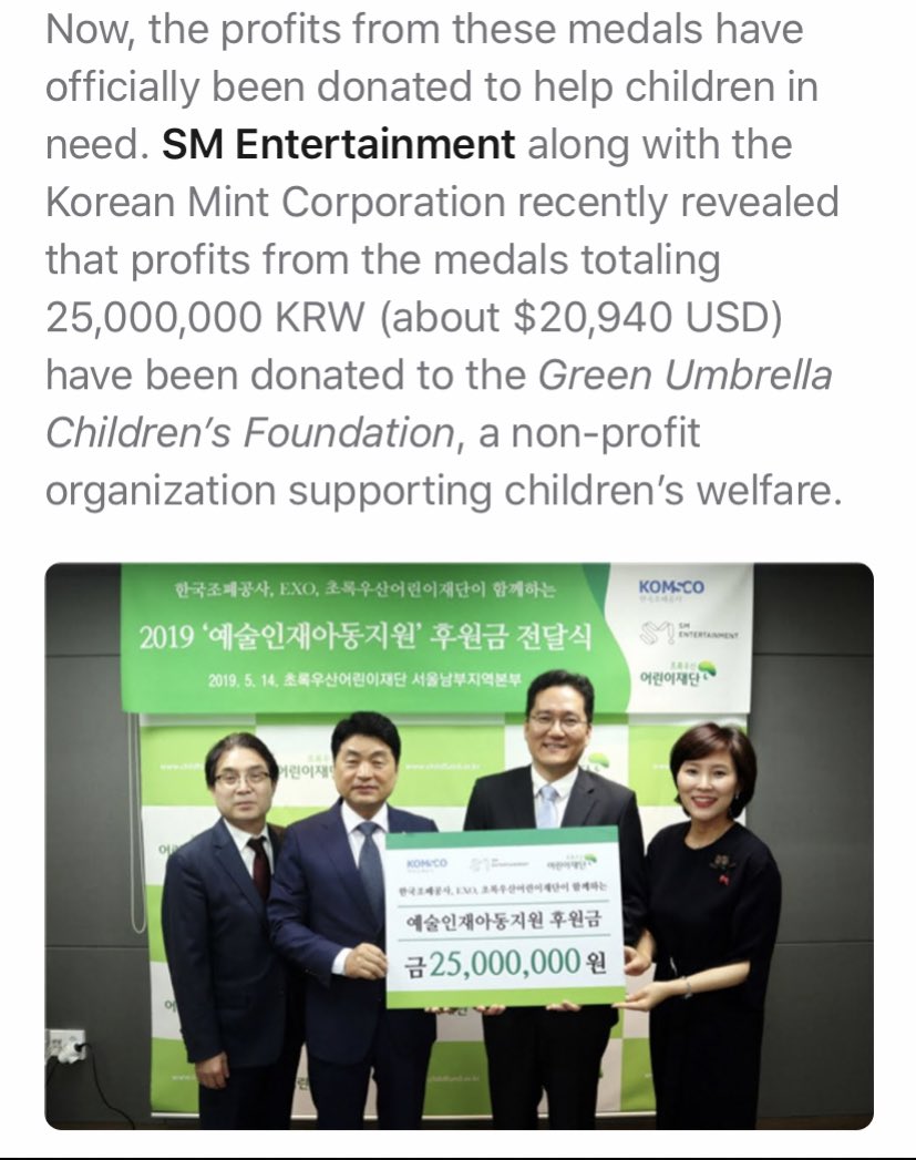 Fun fact: The commemorative medal EXO recieved helped raise over $20,000 USD for children in need.