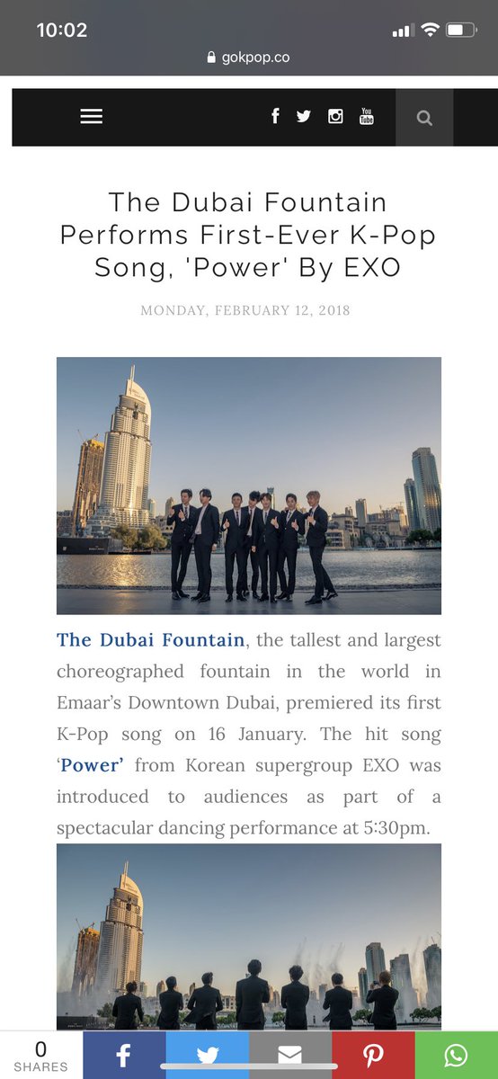 Also in 2018, EXO became the first group to have their song played at Dubai Fountain. ‘Power’ became the first ever Kpop song to be played at the world’s tallest and largest fountain, paving the way for other Kpop songs to be played there.