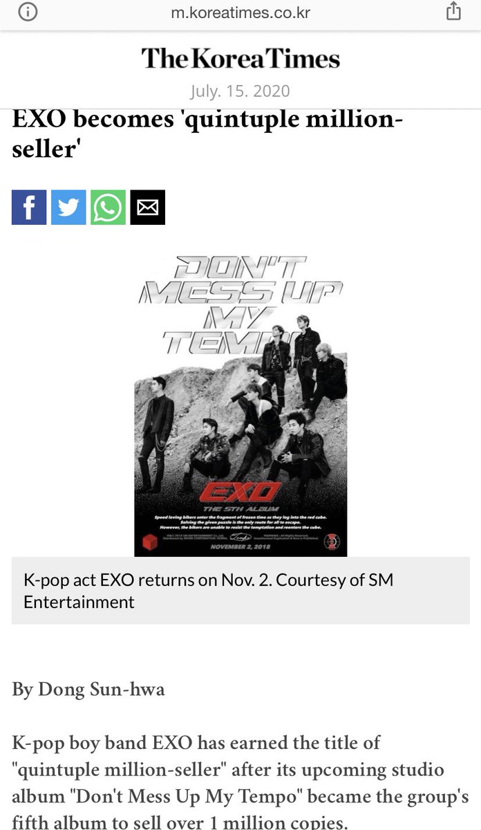 EXO are the first ever Kpop group to become quintuple million sellers with their “Don’t mess up my tempo” album in late 2018.