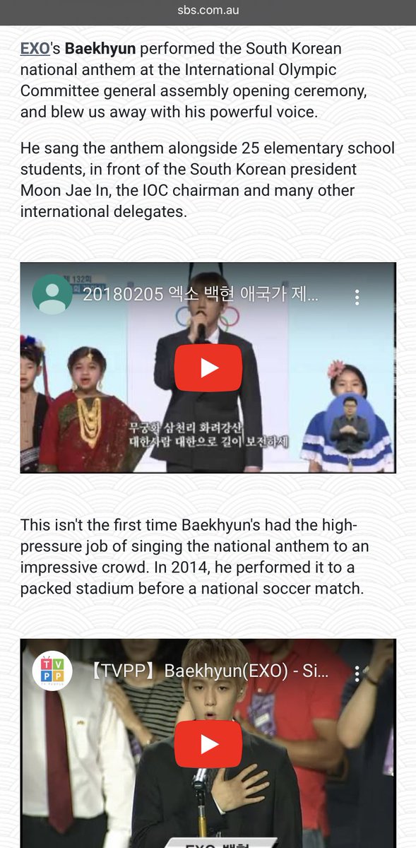 Baekhyun was chosen to sing the national anthem of South Korea in 2018 as well as 2014.