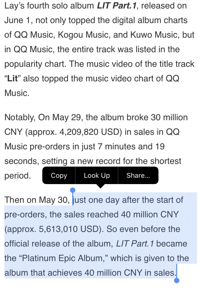 Yixing’s latest solo album ‘LIT’(2020) set a record in QQ Music (China’s largest music platform) history as the album made 30 million Yuan (approximately 5.1 billion won / $4,209,820 USD) from preorder album sales in under 7 minutes.