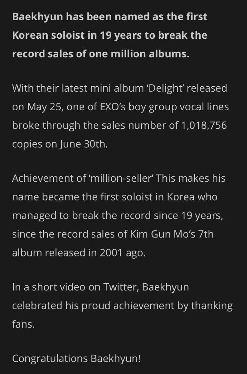 For his latest comeback with the ‘Delight’ album, Baekhyun broke his own previous record for the highest first week sales for a soloist with 600k+ album sales.Most importantly, Baekhyun became the first million seller soloist in over 19 years with ‘Delight’.