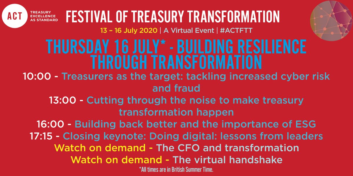actupdate's tweet photo. Join us for the final day of the Festival of Treasury Transformation. Our first session on tackling cyber security and fraud starts in 1 hour where we are joined by experts from @BAESystemsplc and @gtreview.
https://t.co/s3djwMhhfF
#actftt #actupdate #treasurytransformation https://t.co/OavXHrNGrH