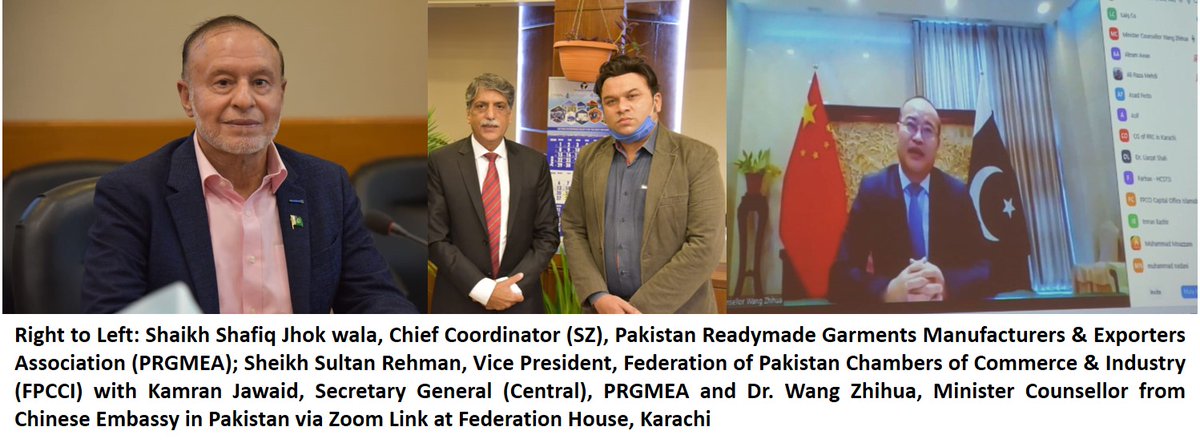 Right to Left: Shaikh Shafiq Jhok wala, Chief Coordinator (SZ), PRGMEA; Sheikh Sultan Rehman, Vice President, FPCCI with Kamran Jawaid, Secretary General (Central), PRGMEA and Dr. Wang Zhihua, Minister Counsellor from Chinese Embassy in Pakistan via Zoom Link at Federation House