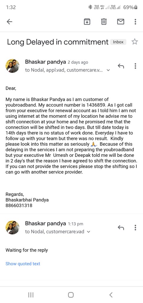 BhaskarPandya83's tweet photo. Ridiculous services 🙄 no status of work @youbroadband no answer from any one even from customer care, wrong commitment from youbroadband https://t.co/ev9GDnJBu8