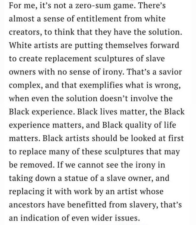 This article by black sculpture Thomas J Price includes good points to learn from, here is a snippet ...