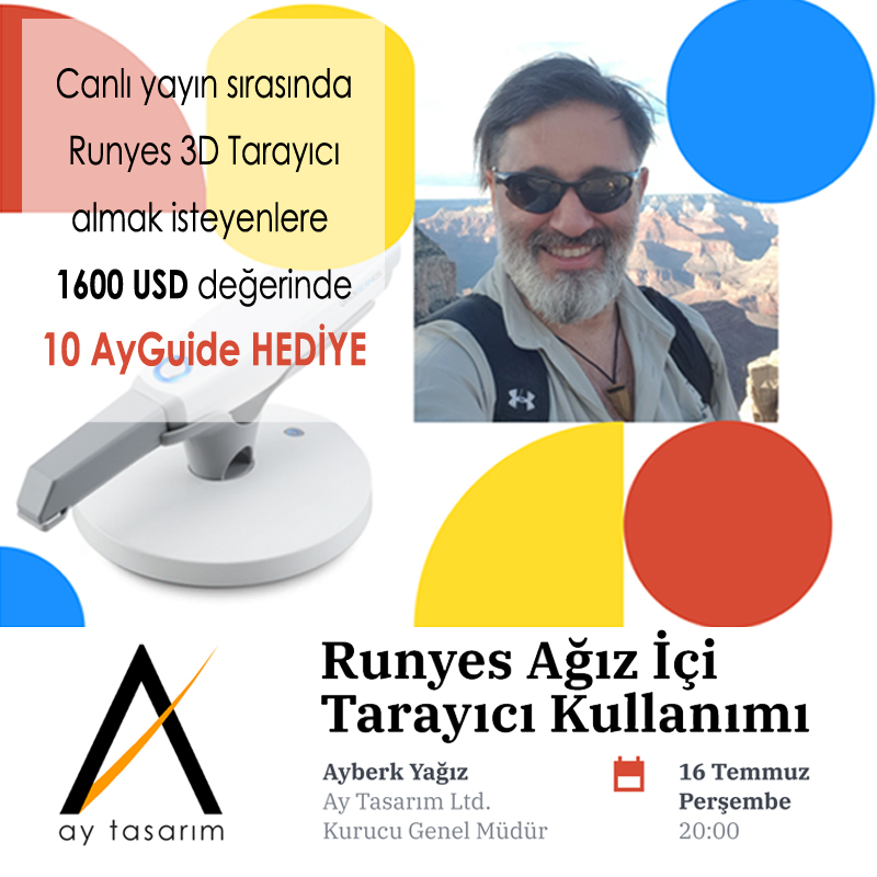 aytasarim's tweet photo. Runyes Ağız İçi Tarayıcı Kullanımı (CANLI YAYIN)
Bugün yapılacak canlı yayın esnasında Runyes 3D tarayıcı almaya karar veren katılımcılara 1600 USD değerinde 10 adet AyGuide hediye.
ÜCRETSİZ Kayıt Linki:
https://t.co/wuK4gy11OD
#digitaldentistry #implantology #implant #runyes https://t.co/KLYo8CqRaf