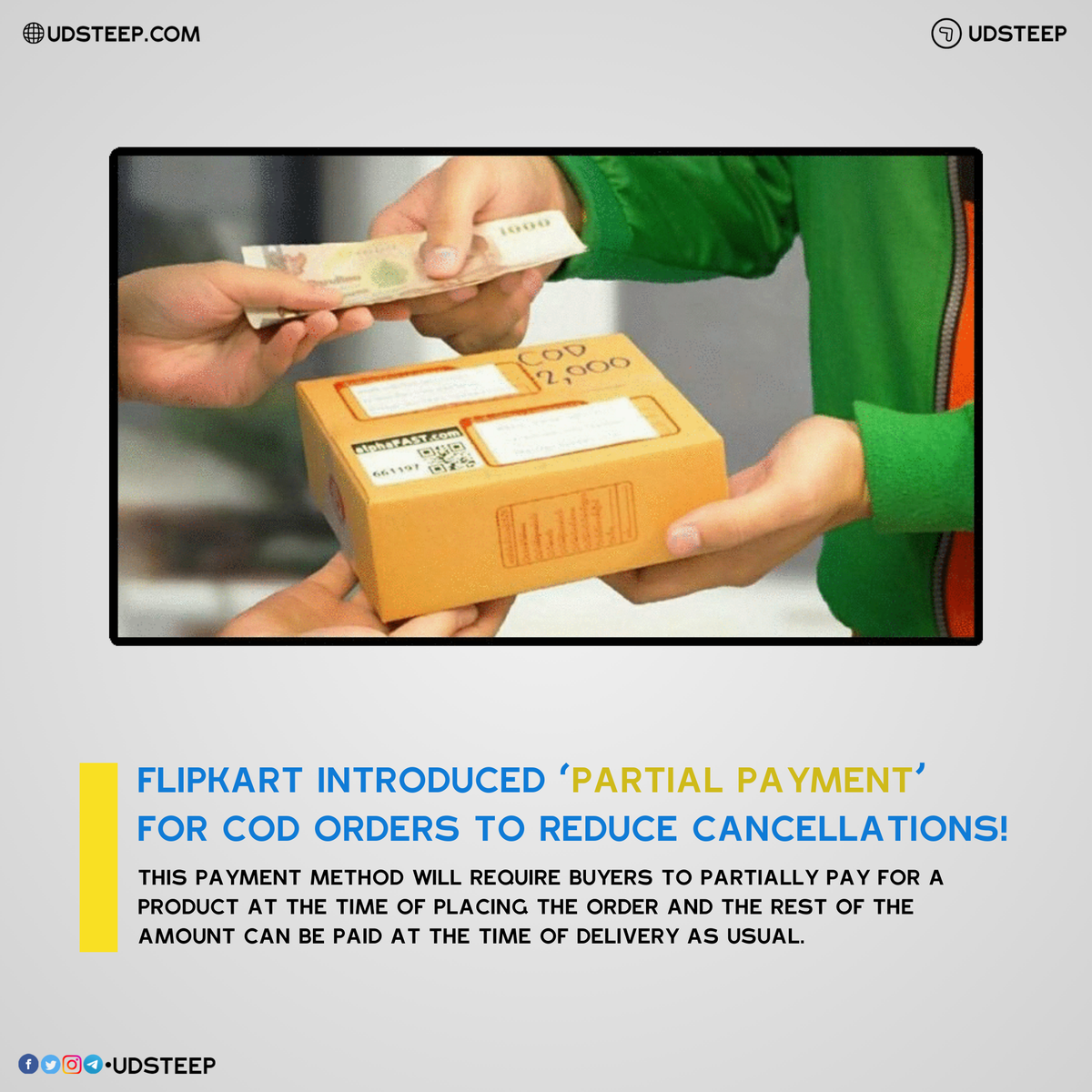 udsteep's tweet photo. Flipkart Introduced ‘Partial Payment’ for CoD Orders to Reduce Cancellations!

#Flipkart #PartialPayment #INDIA #FlipKartINDIA #Walmart #Alibaba #Ecommerce #COD #GPay #PhonePe #Bhim #GooglePay #CashOnDelivery
#UDSTEEP https://t.co/hcwDGeJkb8