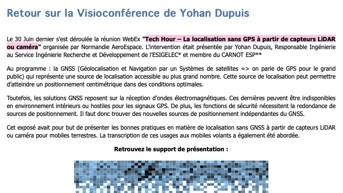 Carnot_ESP's tweet photo. Retour sur #TechHour – La localisation sans GPS à partir de capteurs #lidar LiDAR ou caméra de Yohan Dupuis de l' #IRSEEM dans la newsletter du @GroupeESIGELEC
▶️https://t.co/doMZJ7EciI
@Reseau_Carnot https://t.co/vT4eHfs6CT