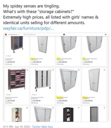  Take facts and throw them together to point towards an outlandish conclusion.In this case it was very expensive Wayfair cabinets (because they were industrial) - and the fact they have girls’ first names (not unusual)Tweet the claims and “just ask questions”