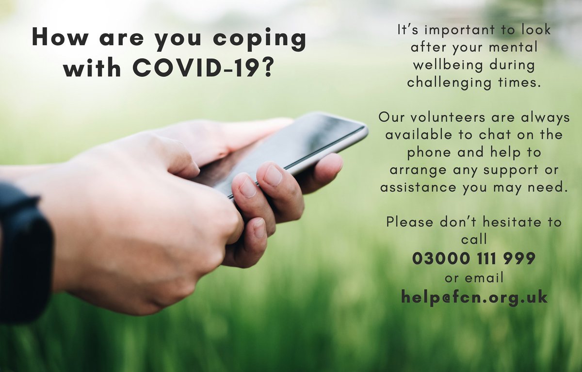 FCNcharity's tweet photo. The FCN helpline is open from 7am-11pm everyday of the year, call our helpline today and speak to one of our understanding volunteers on 03000 111 999 or email help@fcn.org.uk #HereForYou https://t.co/lRKtdnzXJw