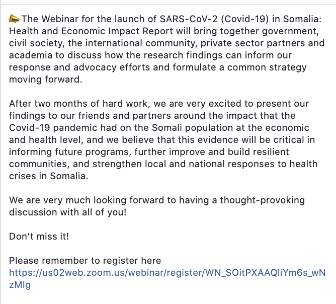 SomaliNexus's tweet photo. Webinar for the launch of #COVID19 in #Somalia: Health &amp; Economic Impact Report to discuss how the research findings can inform our response &amp; advocacy efforts &amp; formulate a common strategy moving forward. 

Register for this upcoming event here: 👉 https://t.co/fLXb3pXA0Q https://t.co/ki8Jhd7K9a