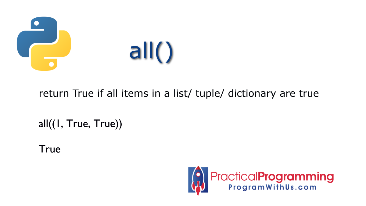 artyudin_nyc's tweet photo. Function all() 
return True if all items in an iterable are true 
#programwithus #pythonimmersive https://t.co/ylq0BaoqmQ