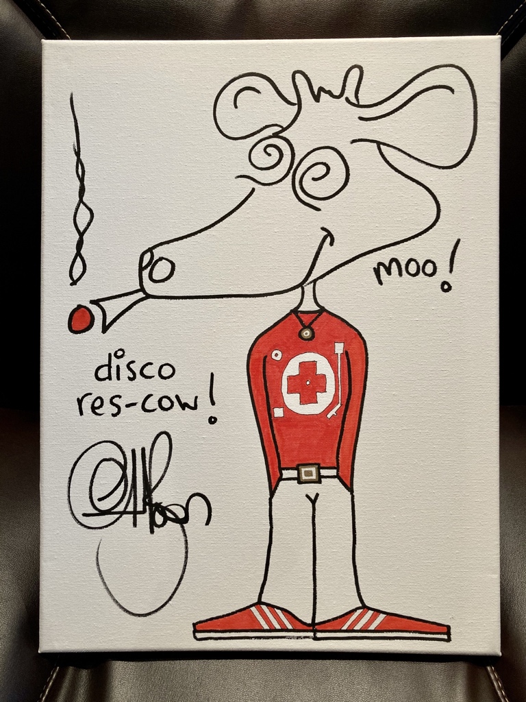 therealboon's tweet photo. On this week’s #DiscoRescue, a lucky listener will win this unique ‘Disco Res-cow’ canvas. Join me &amp; @therealmrsboon every Friday night 8-10 live from the Boon house. Tickets available now via this link xxx https://t.co/6QX5W5fd8M https://t.co/L6Gjpub5uy