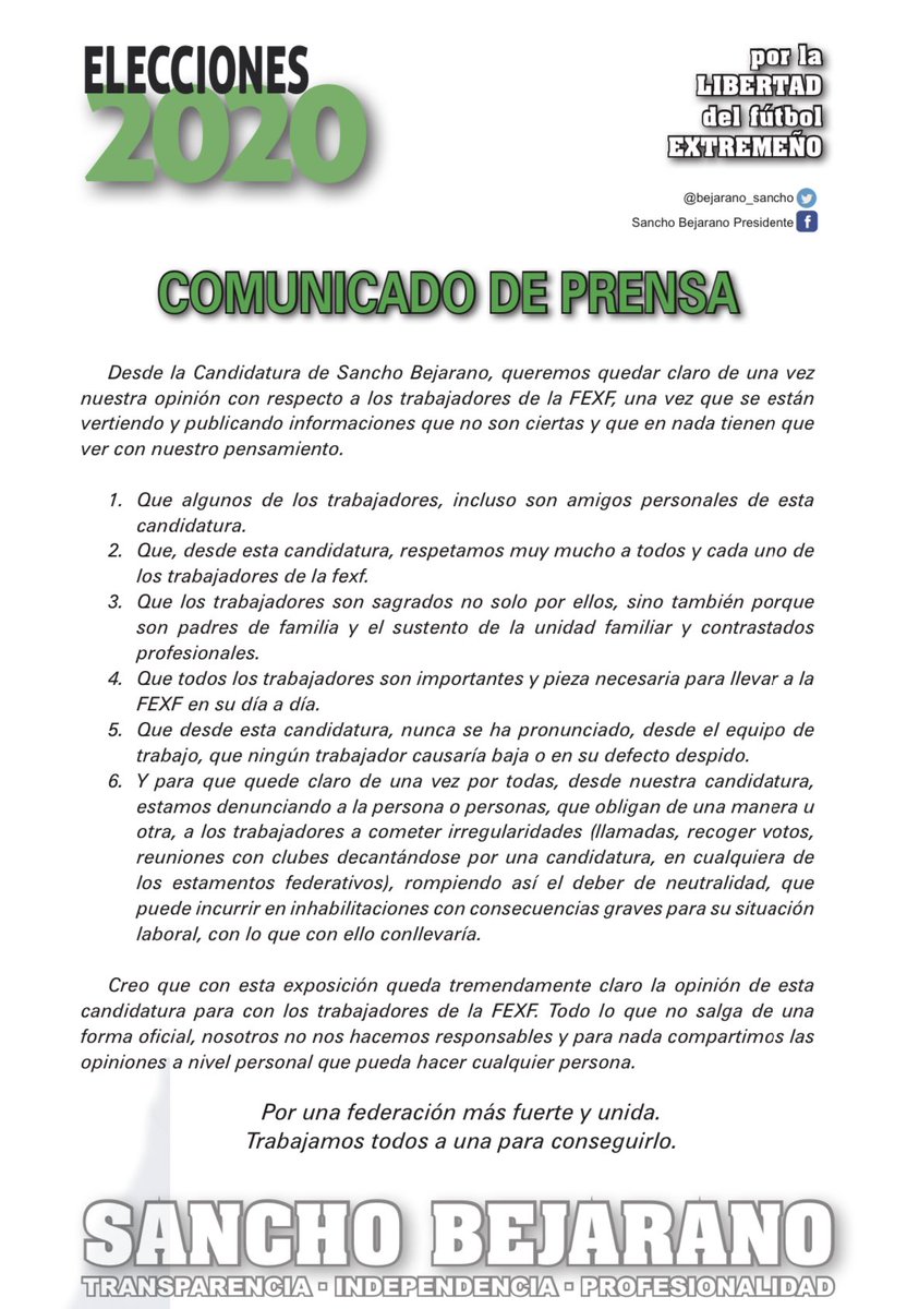 Desde la Candidatura de Sancho Bejarano, queremos quedar claro de una vez nuestra opinión con respecto a los trabajadores de la FEXF, una vez que se están vertiendo y publicando informaciones que no son ciertas y que en nada tienen que ver con nuestro pensamiento.