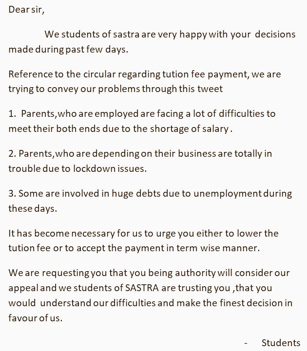 REegalapati's tweet photo. @SVaidhyasubrama  @SastraUniv Please consider the following letter sir. Hope you will. Thank you in Advance. #reducefeepressure https://t.co/3AC6yfE95I