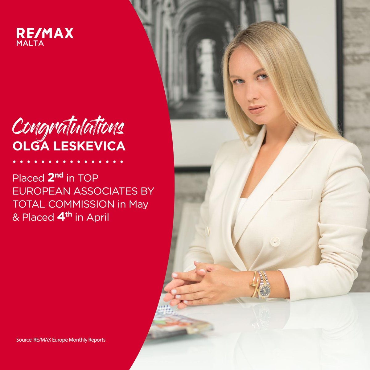remaxmalta's tweet photo. Congratulations Olga for placing 2nd in Total Commission from Agents across @REMAXEurope in May &amp; for classifying 4th in April 2020. 🔥👏

#remax #remaxeurope #propertymalta #realestate https://t.co/3Ljt1dILTM